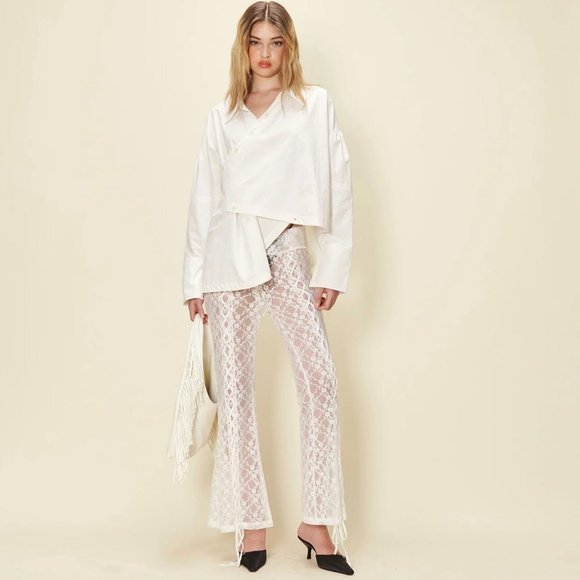 House of Sunny Pants - House of Sunny Lovers Lace Sheer Kick Flare Pants Porcelain NEW